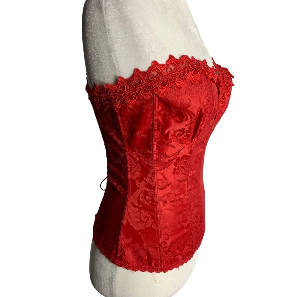 Fredericks Hollywood Dream Sweetheart Corset 32 Red Jacquard Lace Hook Closure - Picture 4 of 9